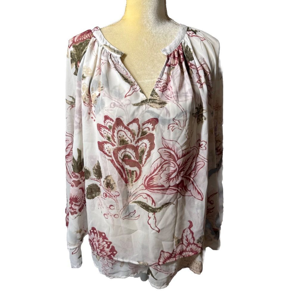 Luckyā Brand Womens Top 1X Ivory Chiffon Floral Layered Front V-Neck Shirt